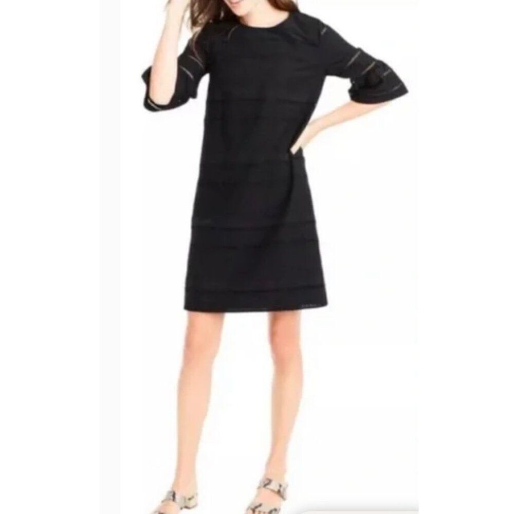 J Crew Women Black Cotton Lattice Detail Bell Sleeve Shift Dress Size 4